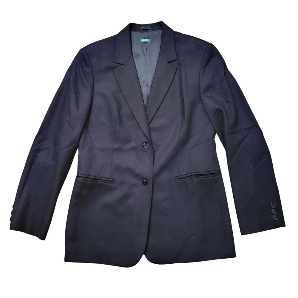 Benetton Wool Blazer Jacket 46 Italy Black Preppy Twee Academia Business
